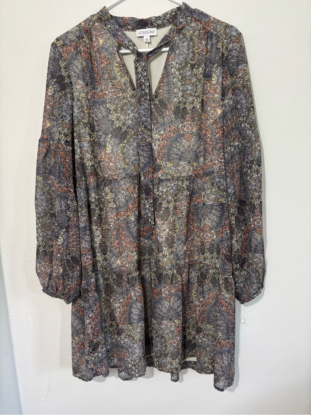 Luxology Multicolor Paisley Long Sleeve Mini Dress with Tie Neck